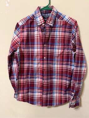 Nautica flex classic fit Men's Red Plaid Button-Down small wrinkle resistant